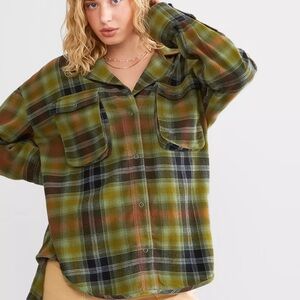 Free People Green Plaid Button Down Shirt